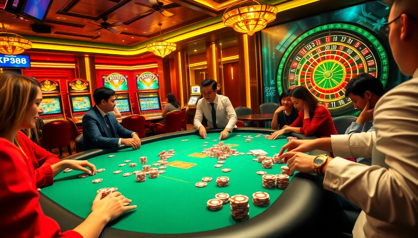 Playing poker at Nhà cái KP88, showcasing vibrant chips and a dealer in an exciting casino atmosphere.