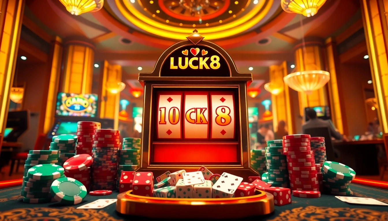 Máy đánh bạc LUCK8 được bao quanh bởi các chip poker nhiều màu sắc, xúc xắc và bài bạc trong một môi trường casino sang trọng.