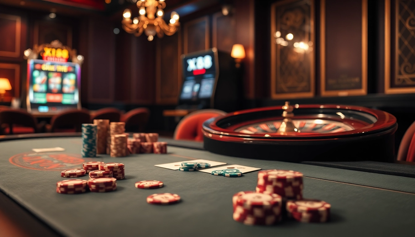 X88 poker chips and cards on a luxurious casino table surrounded by roulette wheel and slot machines.