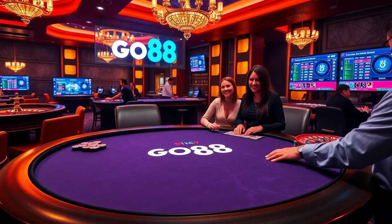 Experience the excitement of GO88 at a luxurious casino with blackjack tables and vibrant decorations.