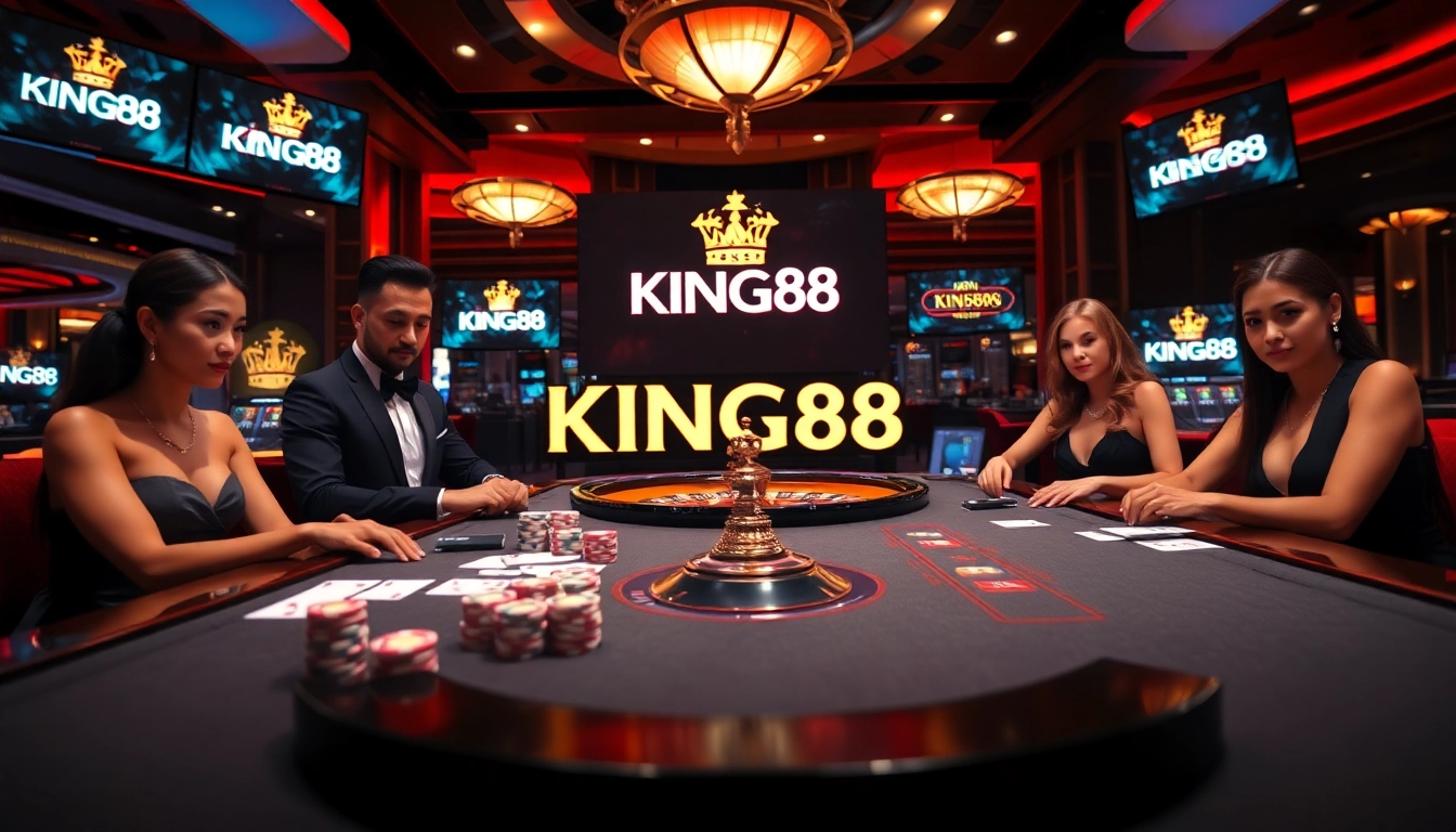Exciting casino scene featuring the KING88 logo with poker chips, cards, and a roulette wheel in action.