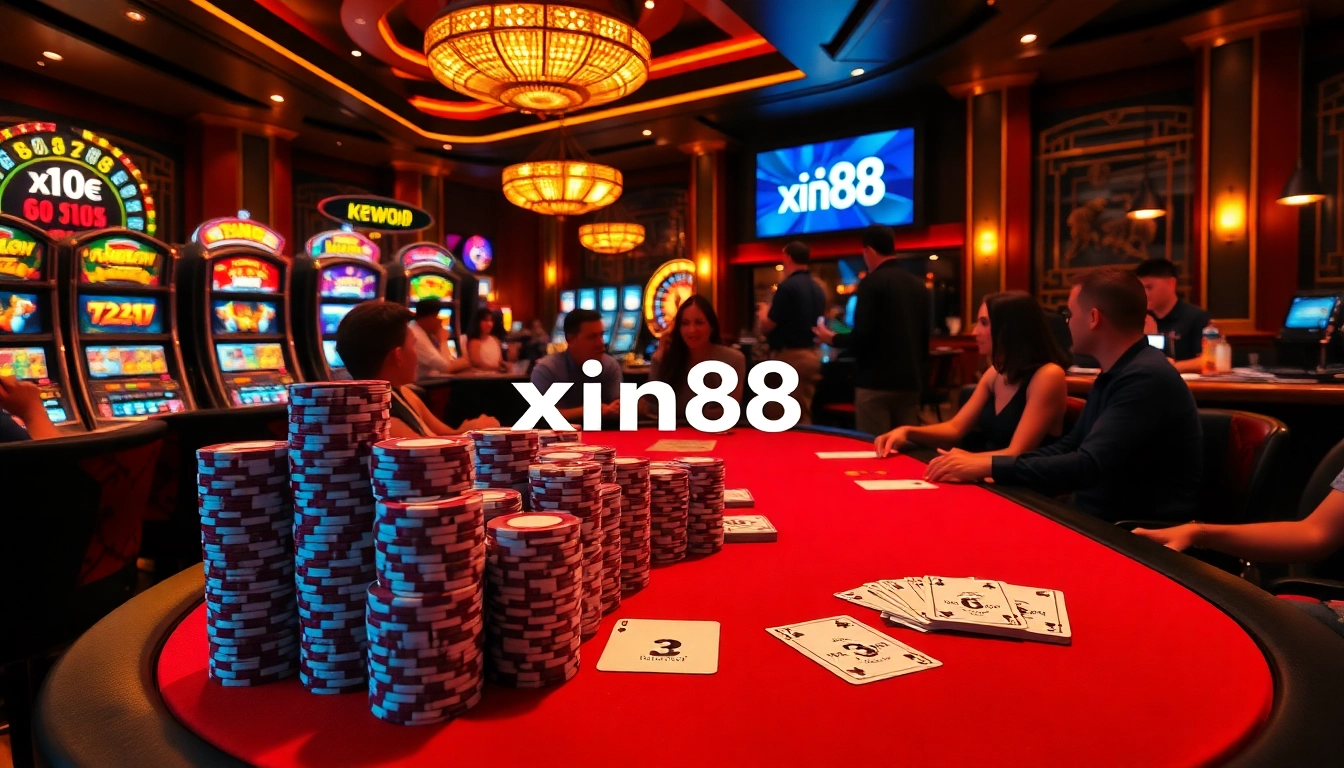 Players enjoying poker at an elegant casino, highlighting xin88 excitement with vibrant chips and cards.