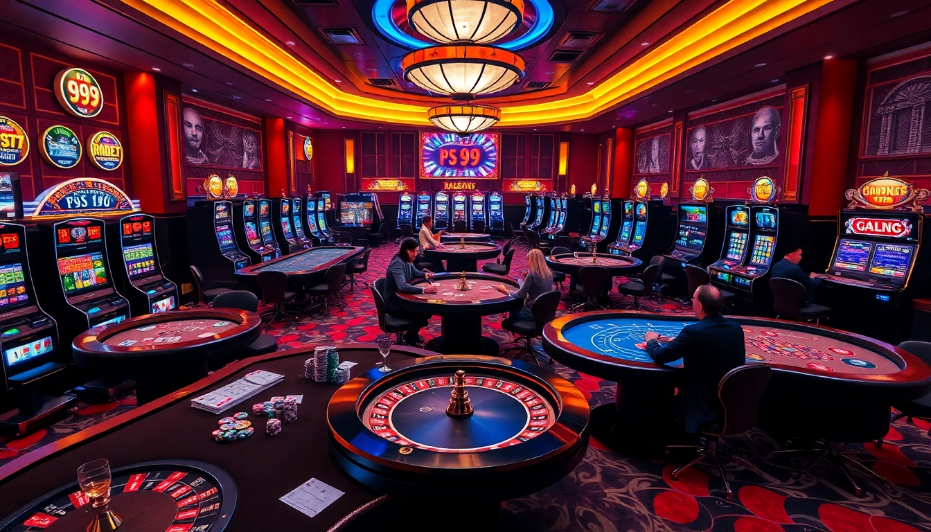 Experience the excitement of PS 99 in a bustling casino with vibrant gaming tables and slot machines.