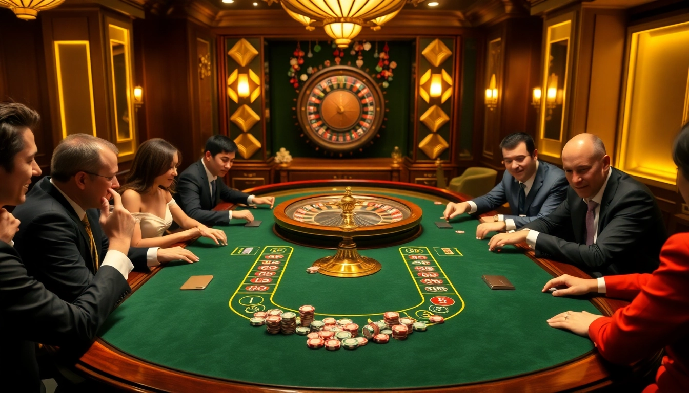 Players excitedly wagering on Taixiumd5 at an elegant gaming table in a luxurious casino.