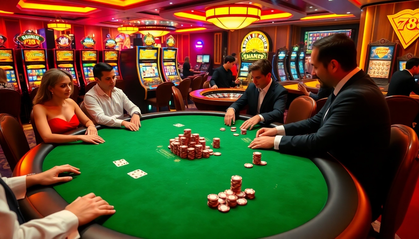 Exciting gambling scene at 789WIN with poker chips, players, and slot machines.