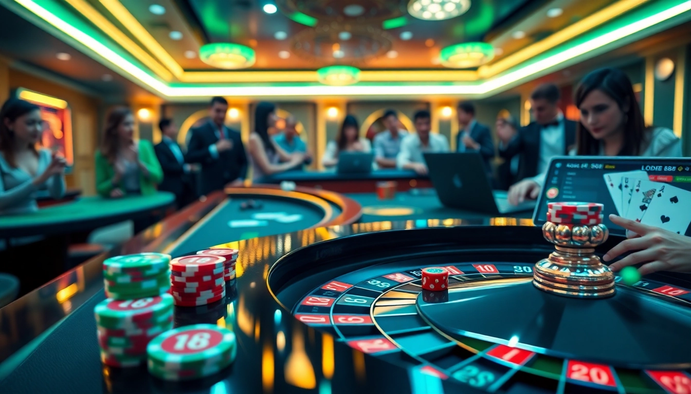 Experience LODE88 online gaming with vibrant casino elements including cards and chips.