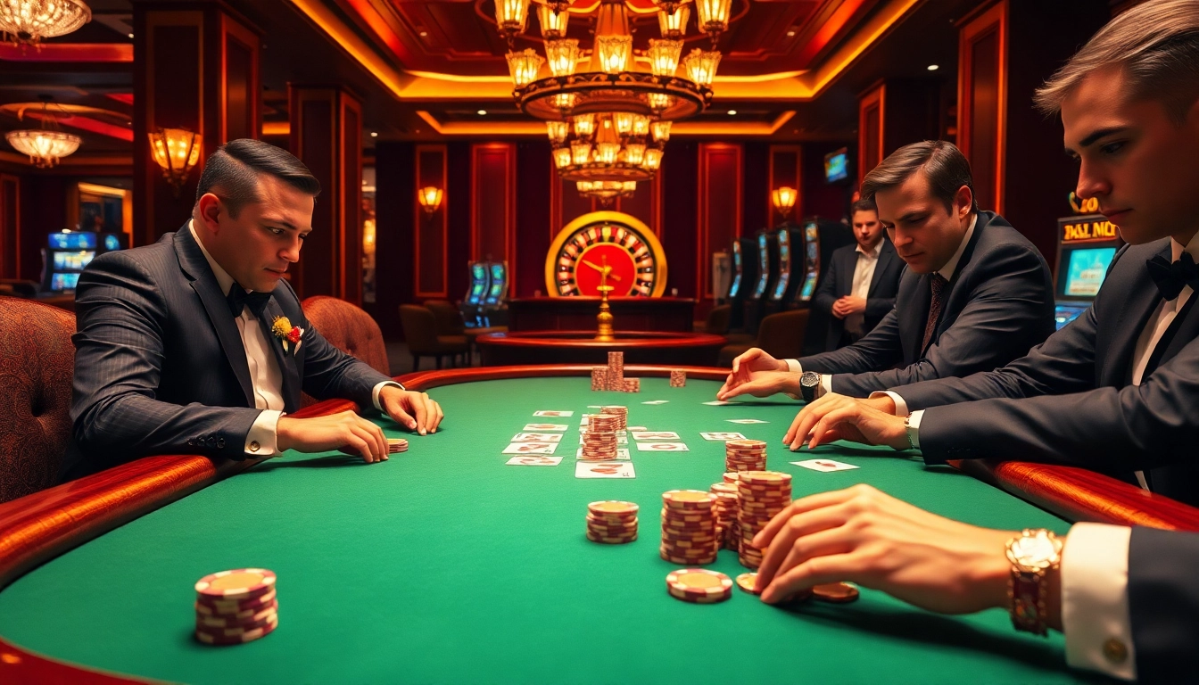 KJC poker players engaged in high-stakes action at a luxurious casino table.