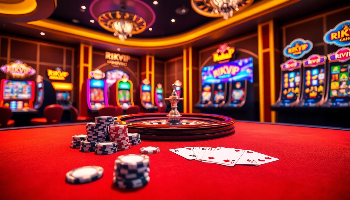 RIKVIP casino gaming scene showcasing poker chips and vibrant slot machines in an elegant setup.