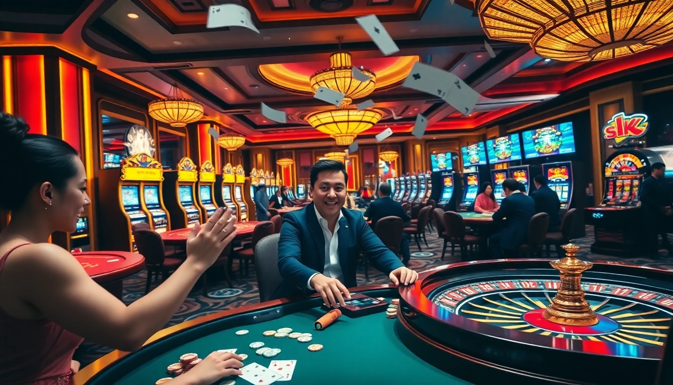 Experience the thrill of Luckywin at a vibrant casino filled with poker chips and roulette wheels.