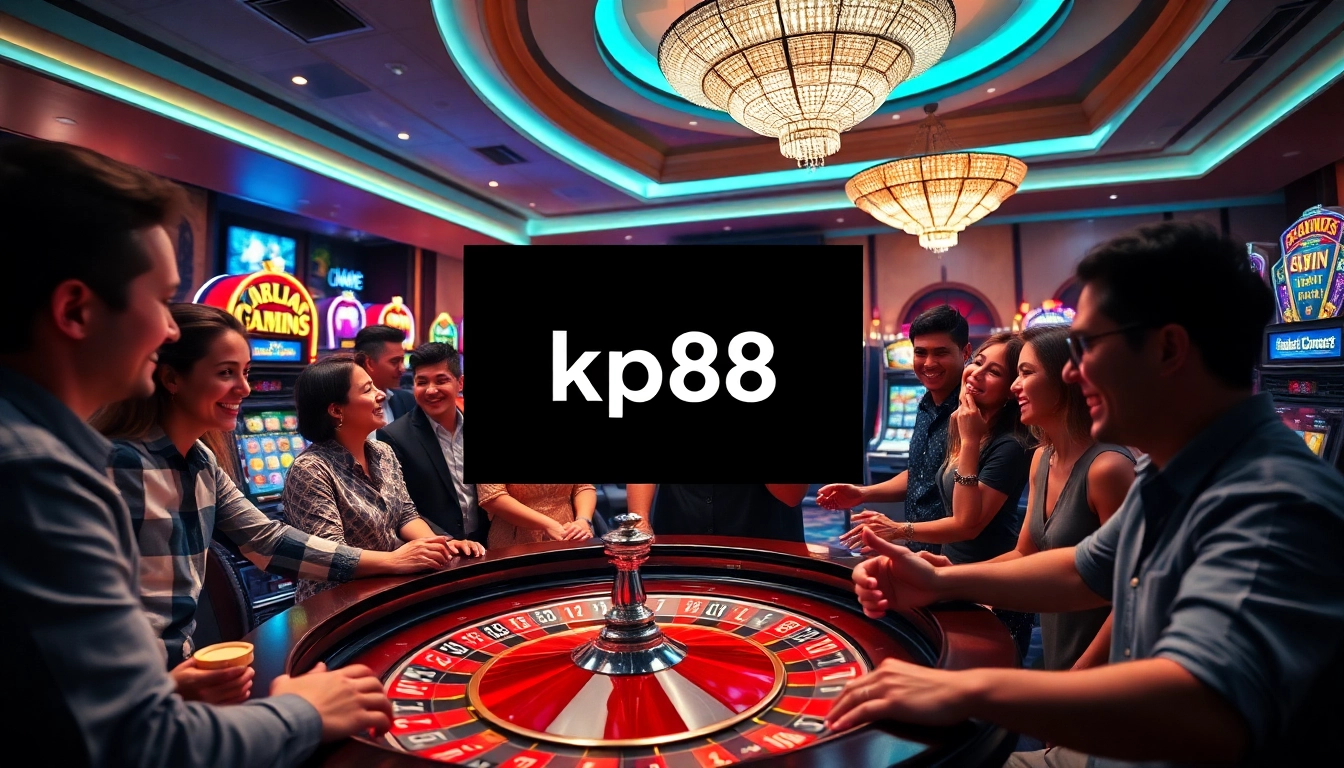 A lively casino atmosphere highlighting the Kp88 link amidst vibrant slot machines and cheerful gamblers.