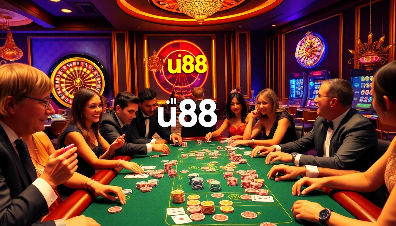 uu88 players enjoying an exciting poker game at a luxurious casino table.
