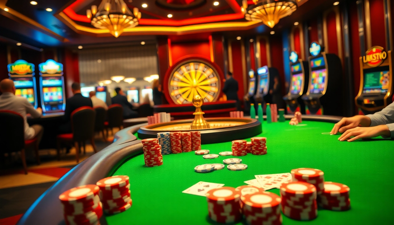 Exciting casino atmosphere showcasing MM88 poker tables, roulette, and vibrant slot machines.