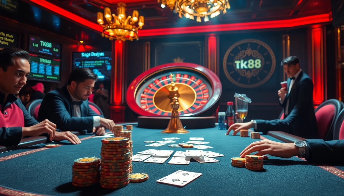 Players engage in thrilling poker games at a luxury casino showcasing TK88 betting action.