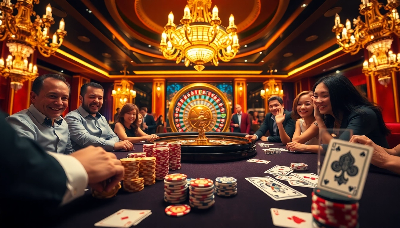 Players enjoying a high-stakes poker game at https://ski10.org/, surrounded by poker chips and a roulette wheel.