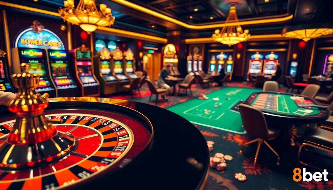 Experience the excitement of live casino gaming at 8kbet with vibrant roulette and poker tables.