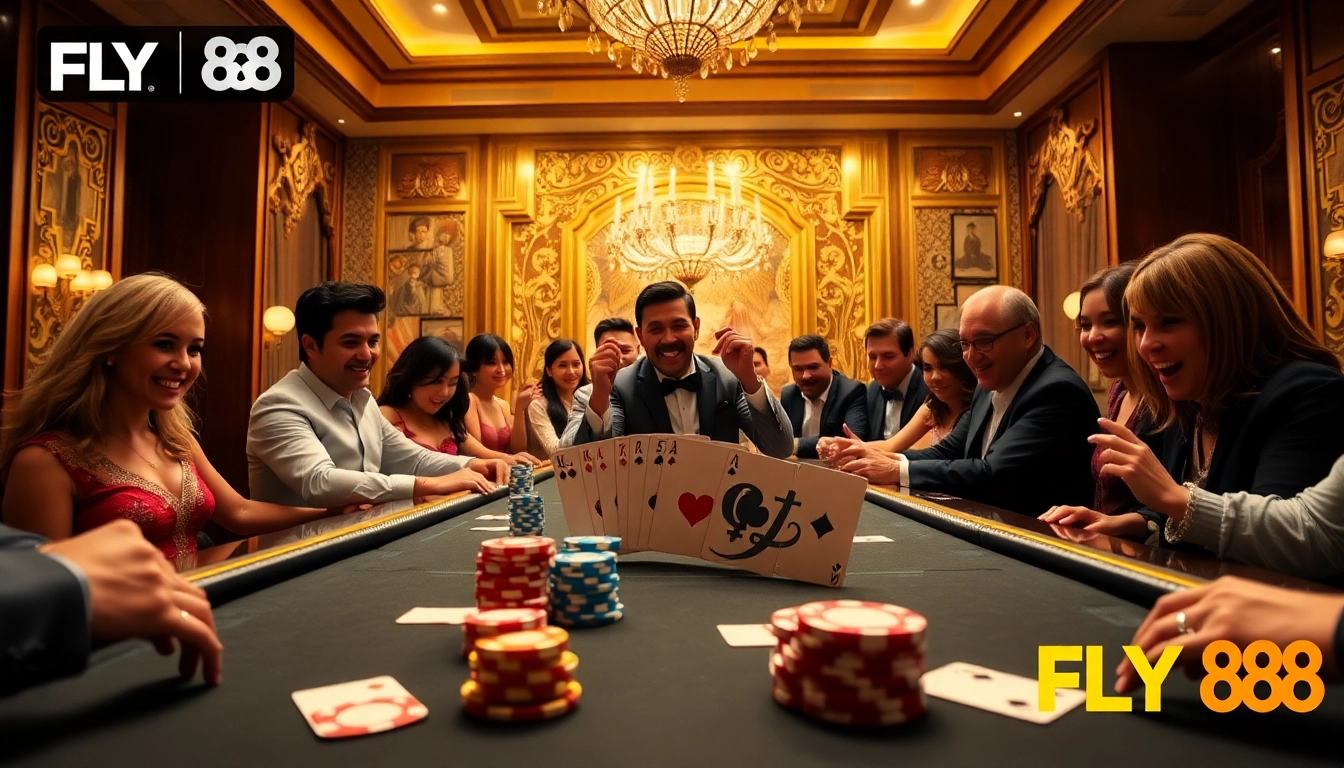 Experience the thrill of poker at FLY 88's luxurious casino scene with vibrant chips and cards.