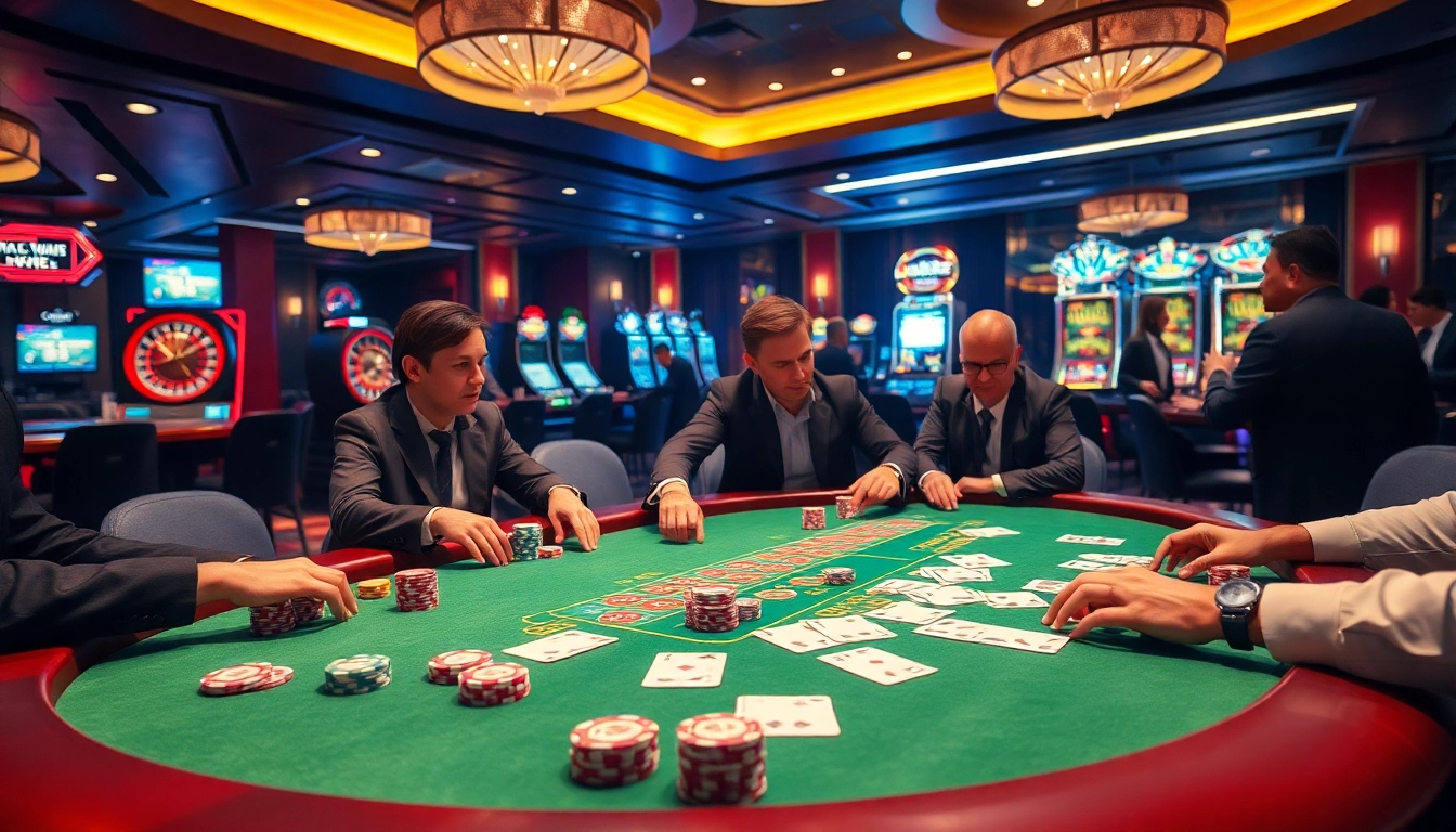 Exciting casino experience with poker chips and lively players at https://www.6rwin5.com/, showcasing the thrill of gambling.