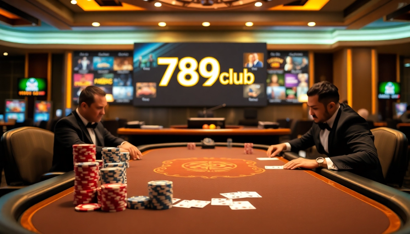 Experience the thrill of 789club with a luxurious poker table setup and vibrant casino atmosphere.