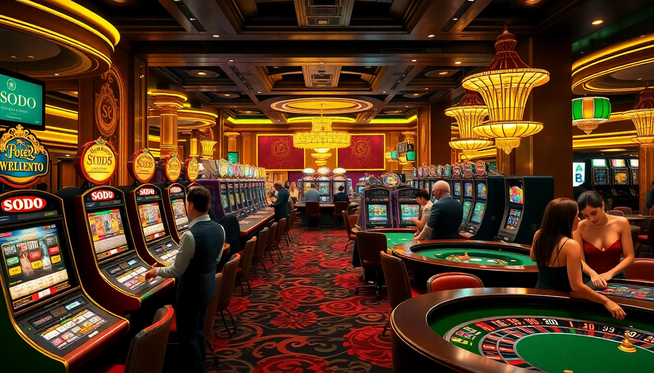 SODO casino scene with engaging players at roulette and slot machines, showcasing excitement and luxury.