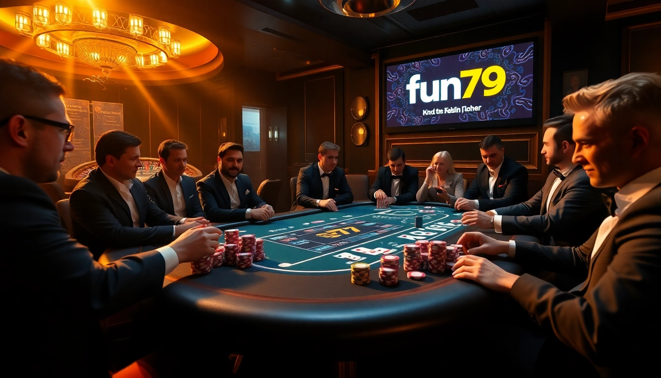 Players engaging at a fun79 poker table with high stakes and vibrant atmosphere.