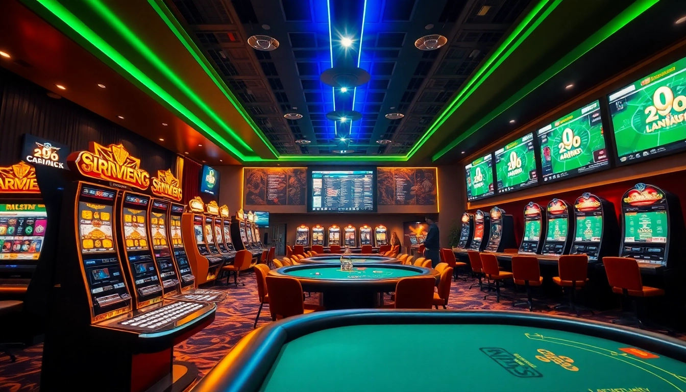 Thrilling online casino experience with Lauthaitv gaming scene featuring vibrant slot machines and live sports betting.