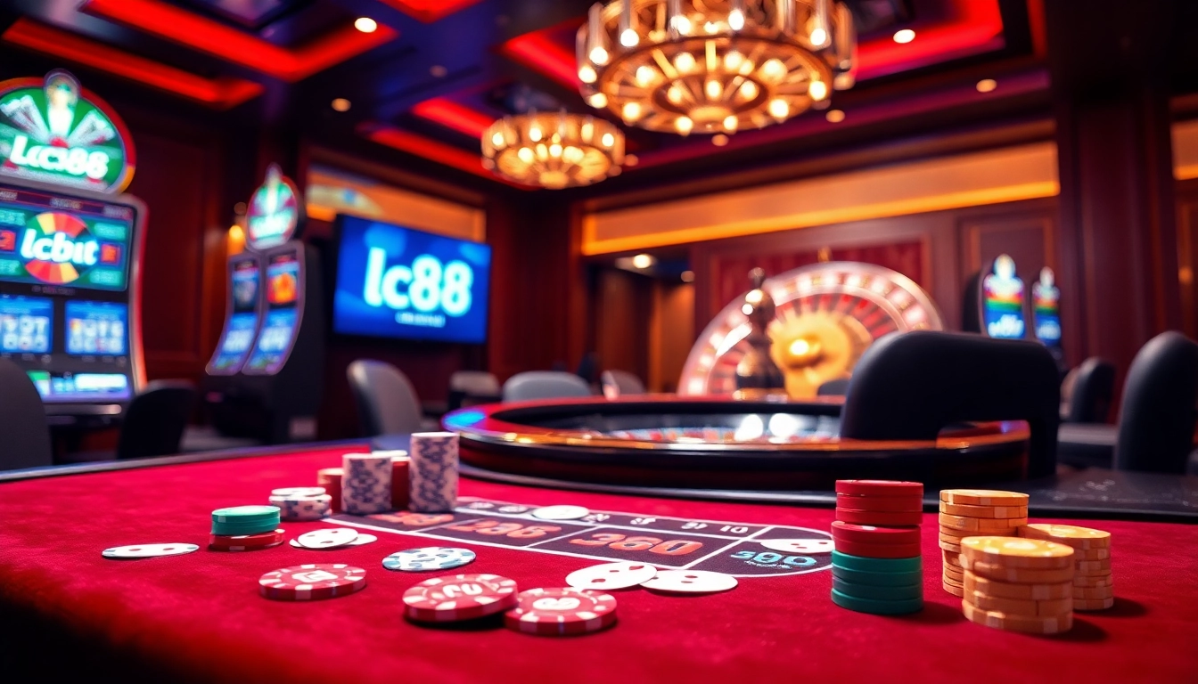 Experience thrilling gaming action at lc88 casino with poker chips and roulette.