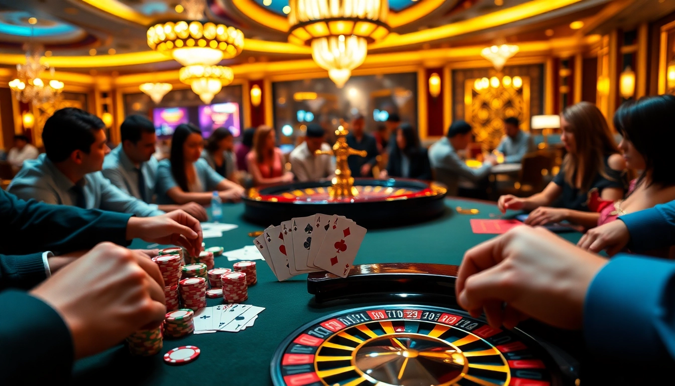 Exciting scene of game bài đổi thưởng with poker chips and cards in a luxury casino setting.