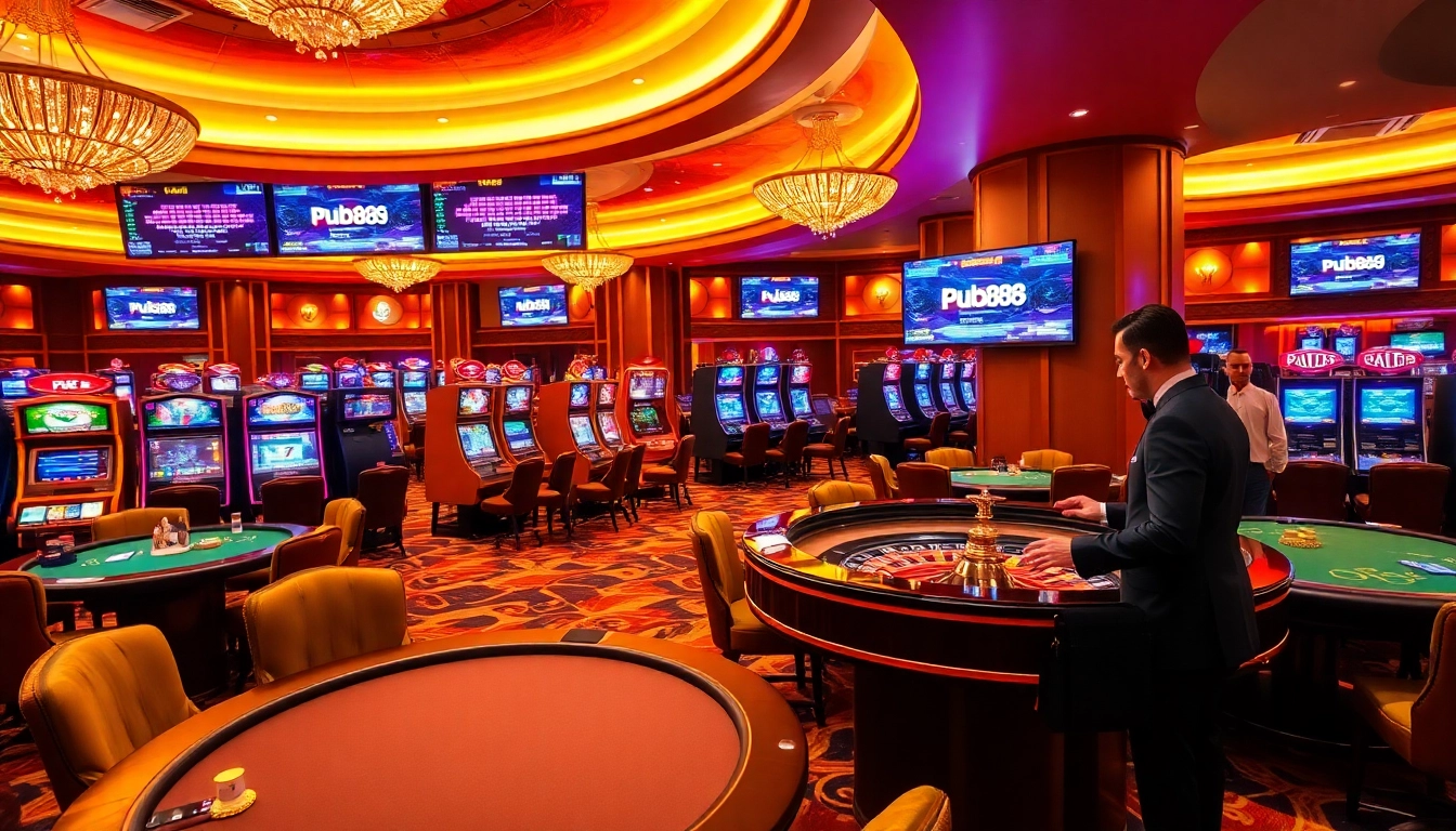 Engage in thrilling gameplay at pub88 with bright slot machines and a glamorous casino atmosphere.
