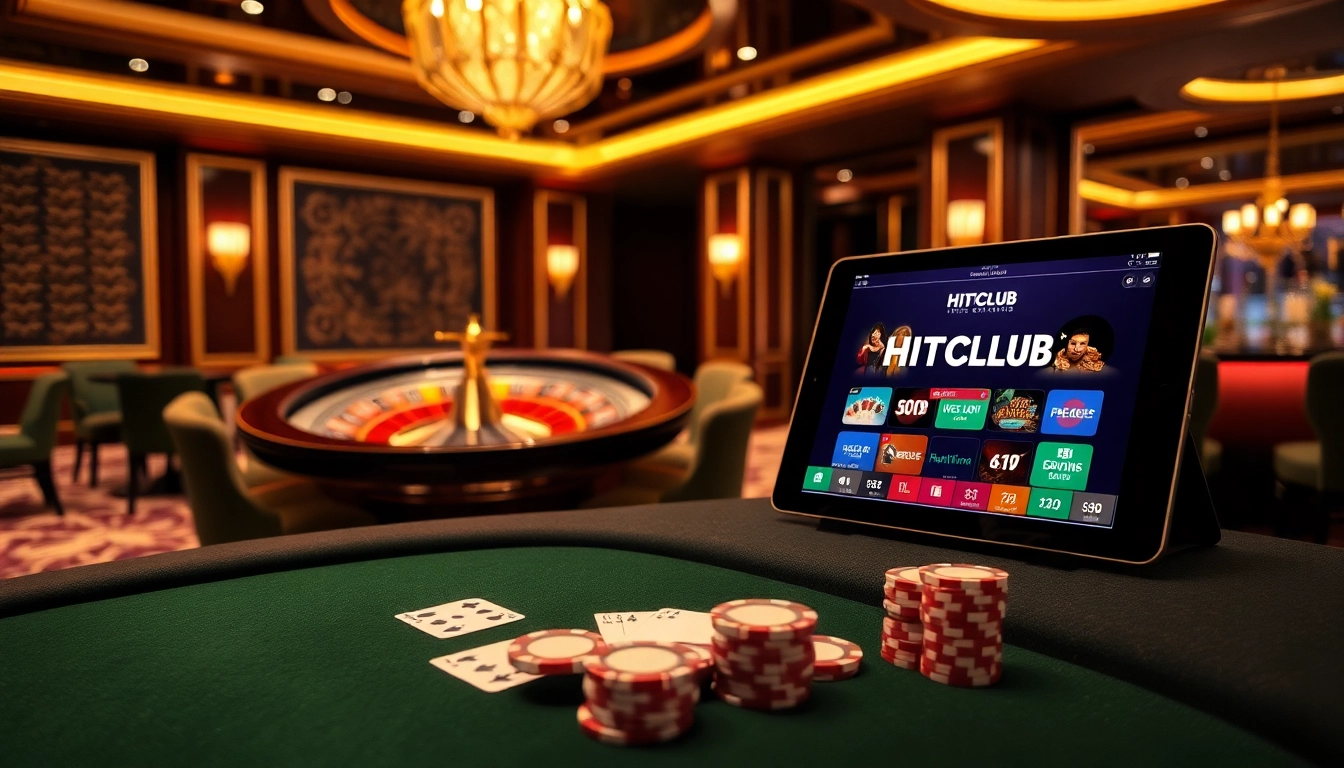 Experience the excitement at HITCLUB with an upscale casino scene featuring poker and roulette.