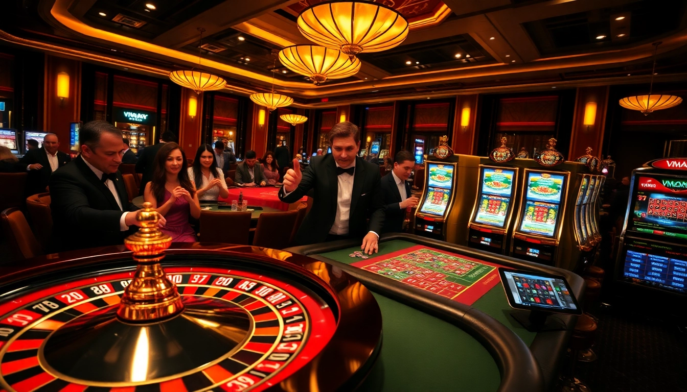 VMAX casino experience showcasing vibrant gambling tables and excited players.