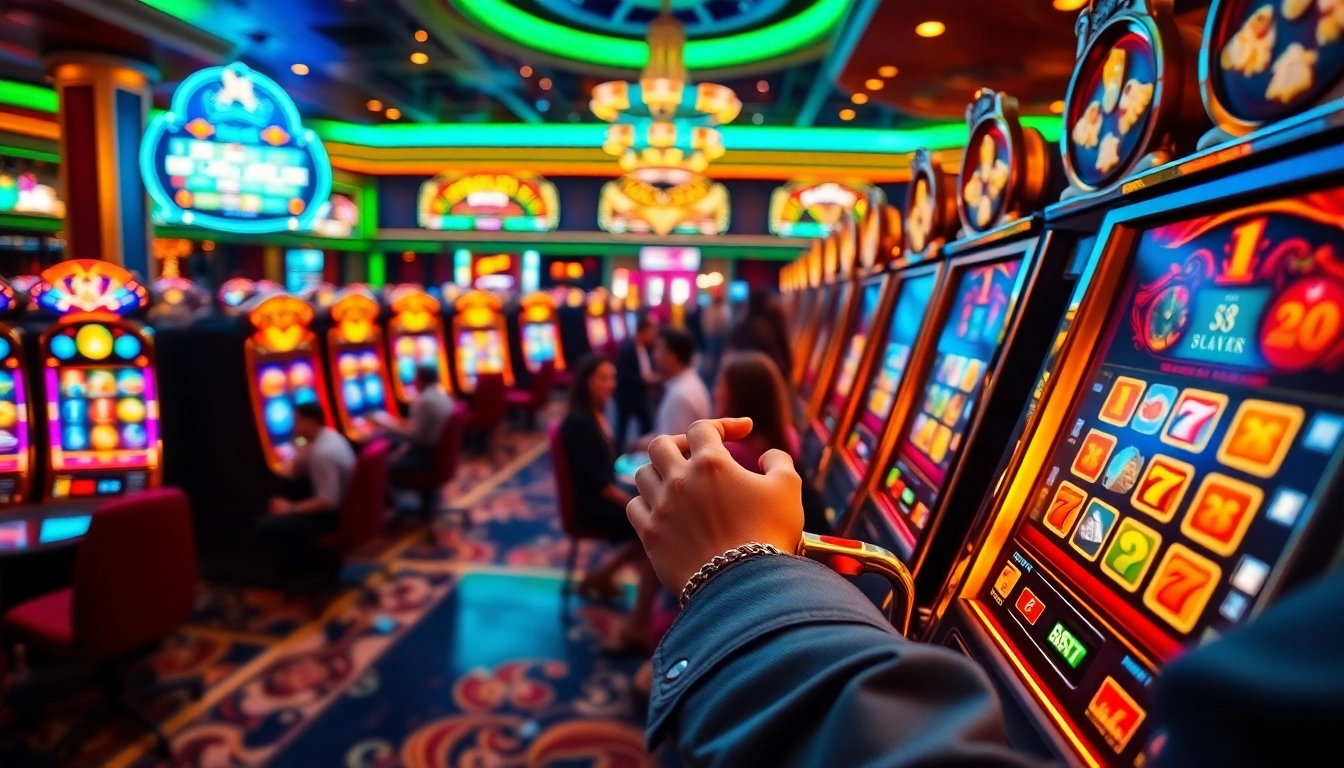 A player engaging with a slot machine at 6slots8 com, surrounded by poker chips and casino excitement.