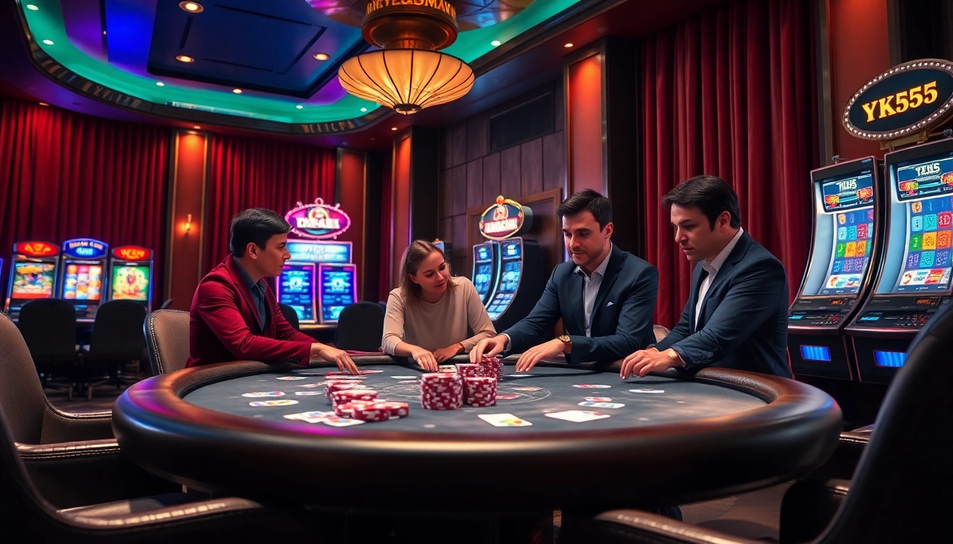 Gamblers strategizing on a KK55 poker table amid a luxurious casino setting.