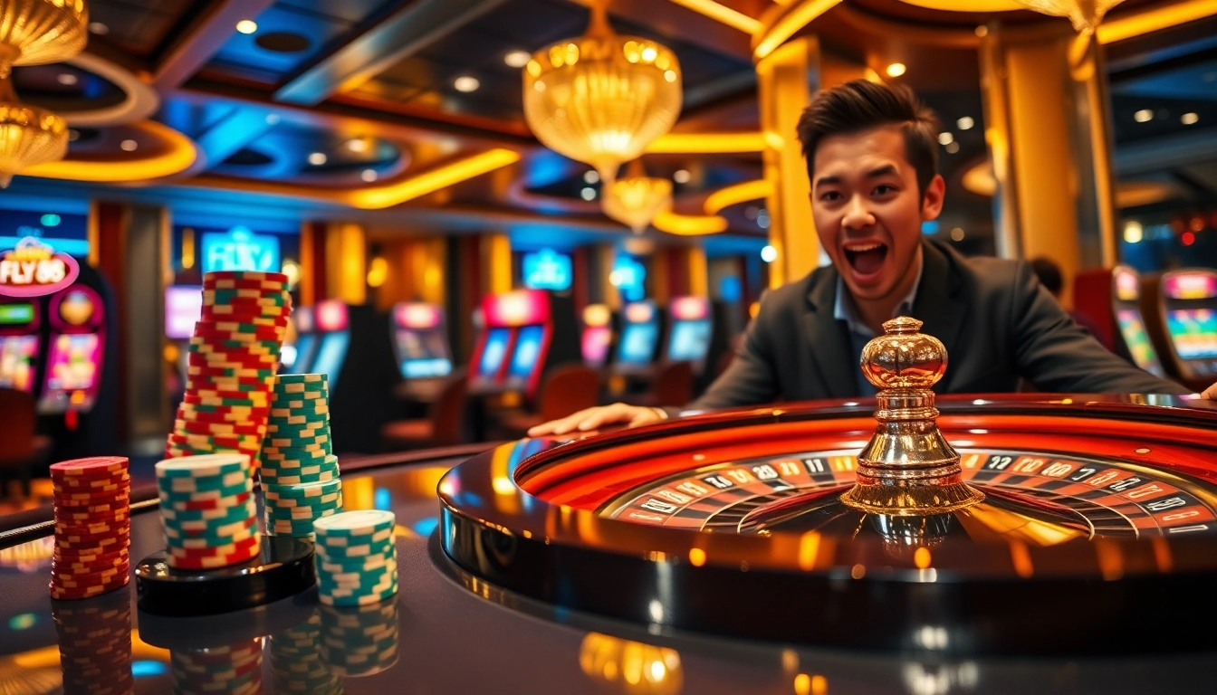 Experience the thrill of FLY 88 with a player making a strategic bet at a roulette table.