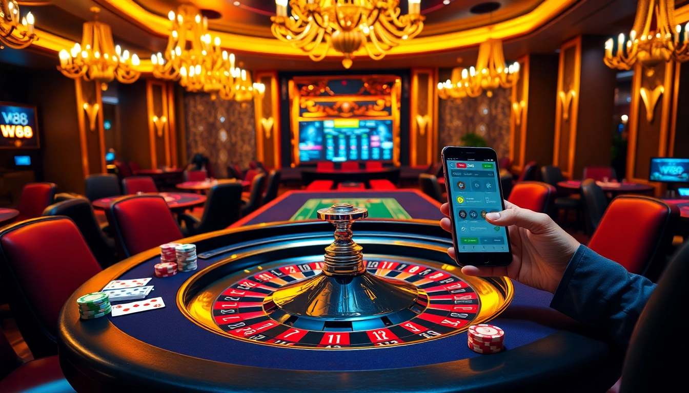 Experience W88's luxurious casino atmosphere with vibrant roulette and poker action.