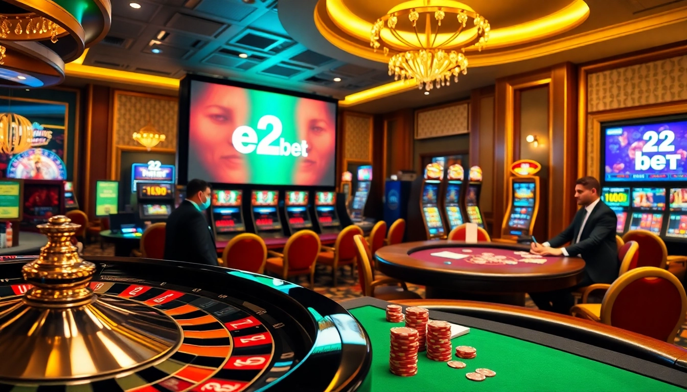 E2 bet casino scene with roulette, poker, and vibrant slot machines for an exciting gambling atmosphere.