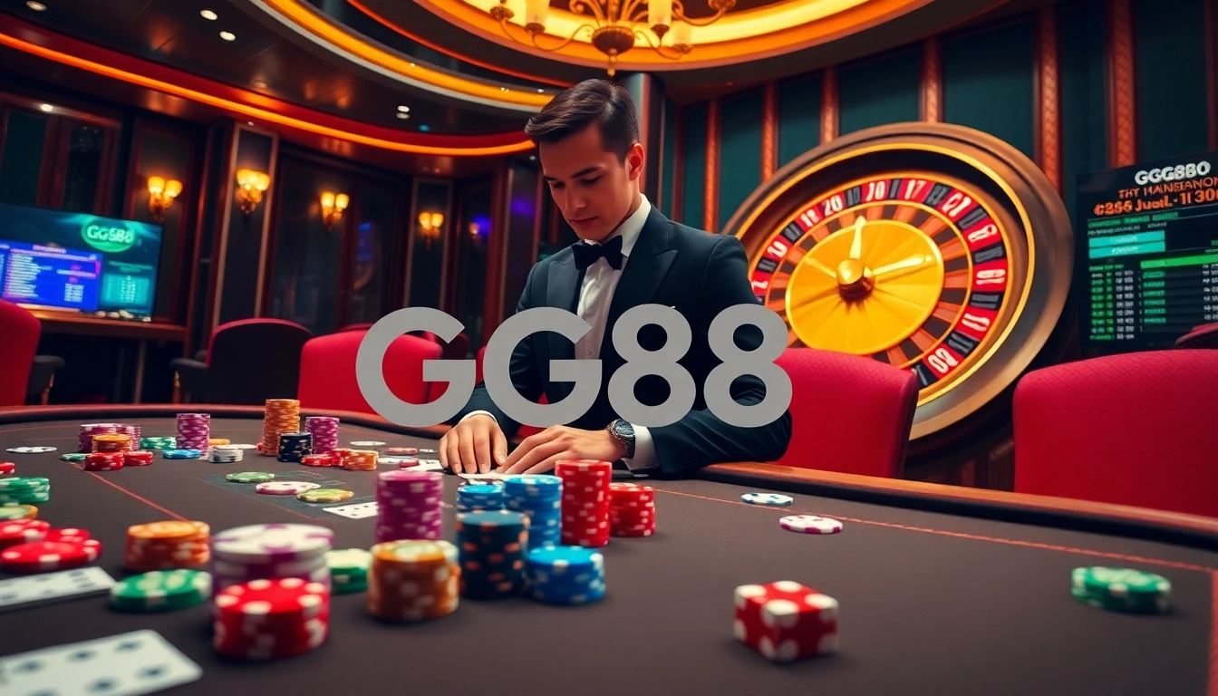 Experience the thrill of GG88 with an elegant casino scene featuring exciting games and vibrant colors.