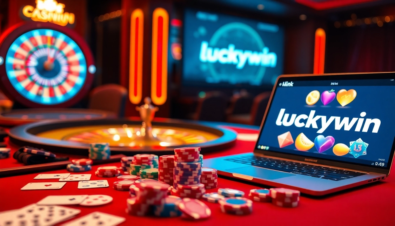 Engage with the excitement of link luckywin through vibrant casino visuals featuring poker chips and slots.