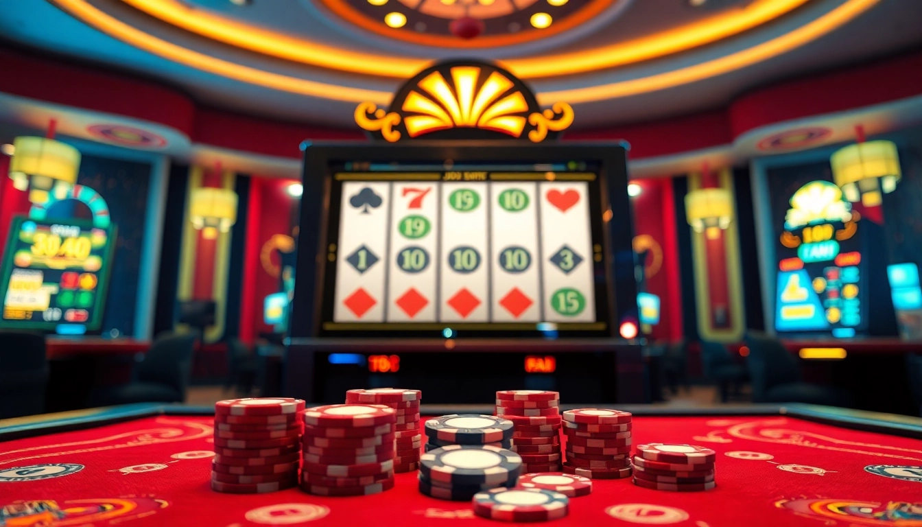 Berinteraksi dengan slot deposit pulsa tanpa potongan di sebuah kasino mewah dengan mesin slot yang berwarna-warni dan keping poker.