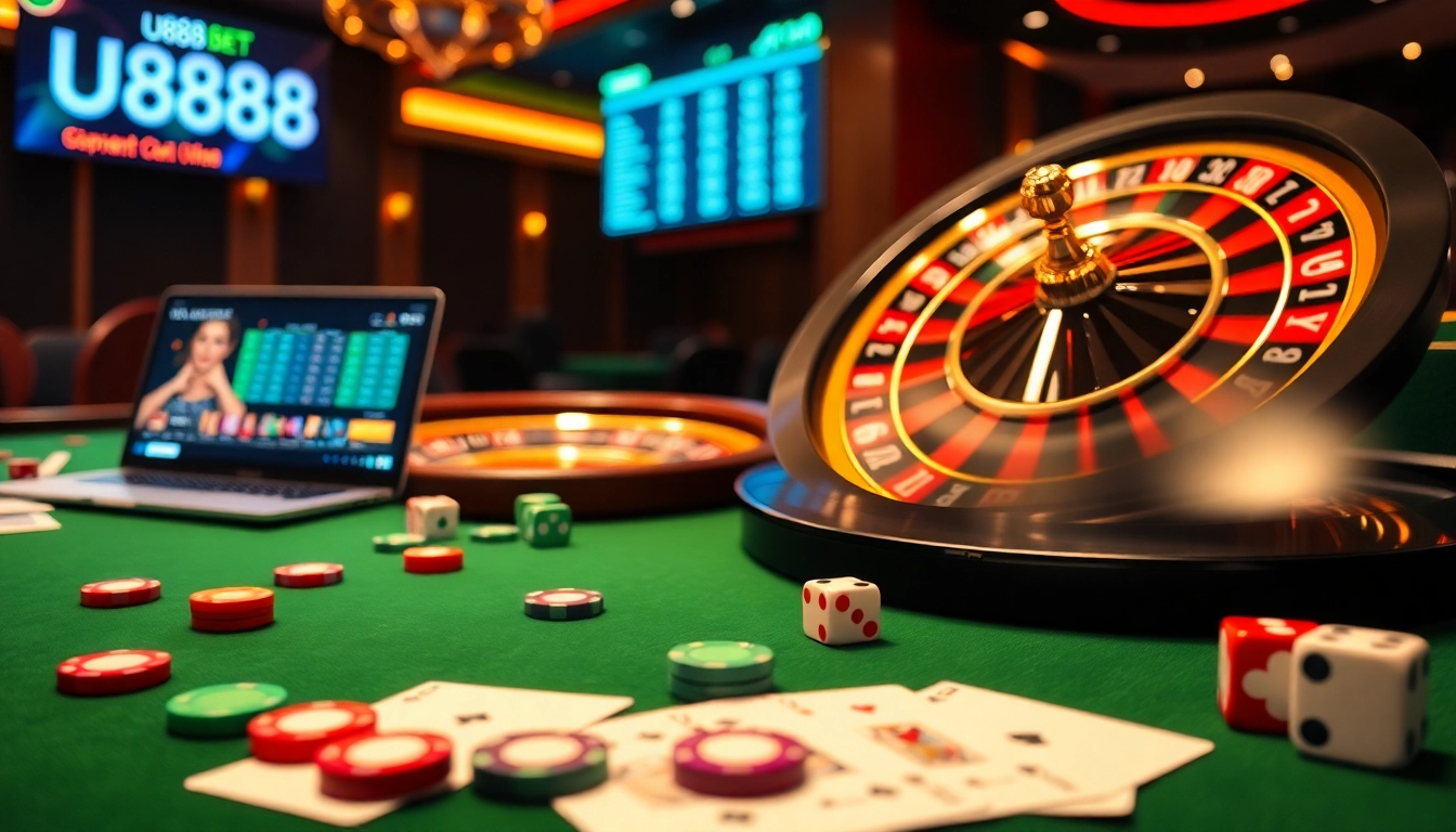 Experience the excitement of U888 with vibrant poker chips and a roulette wheel in a professional casino setting.
