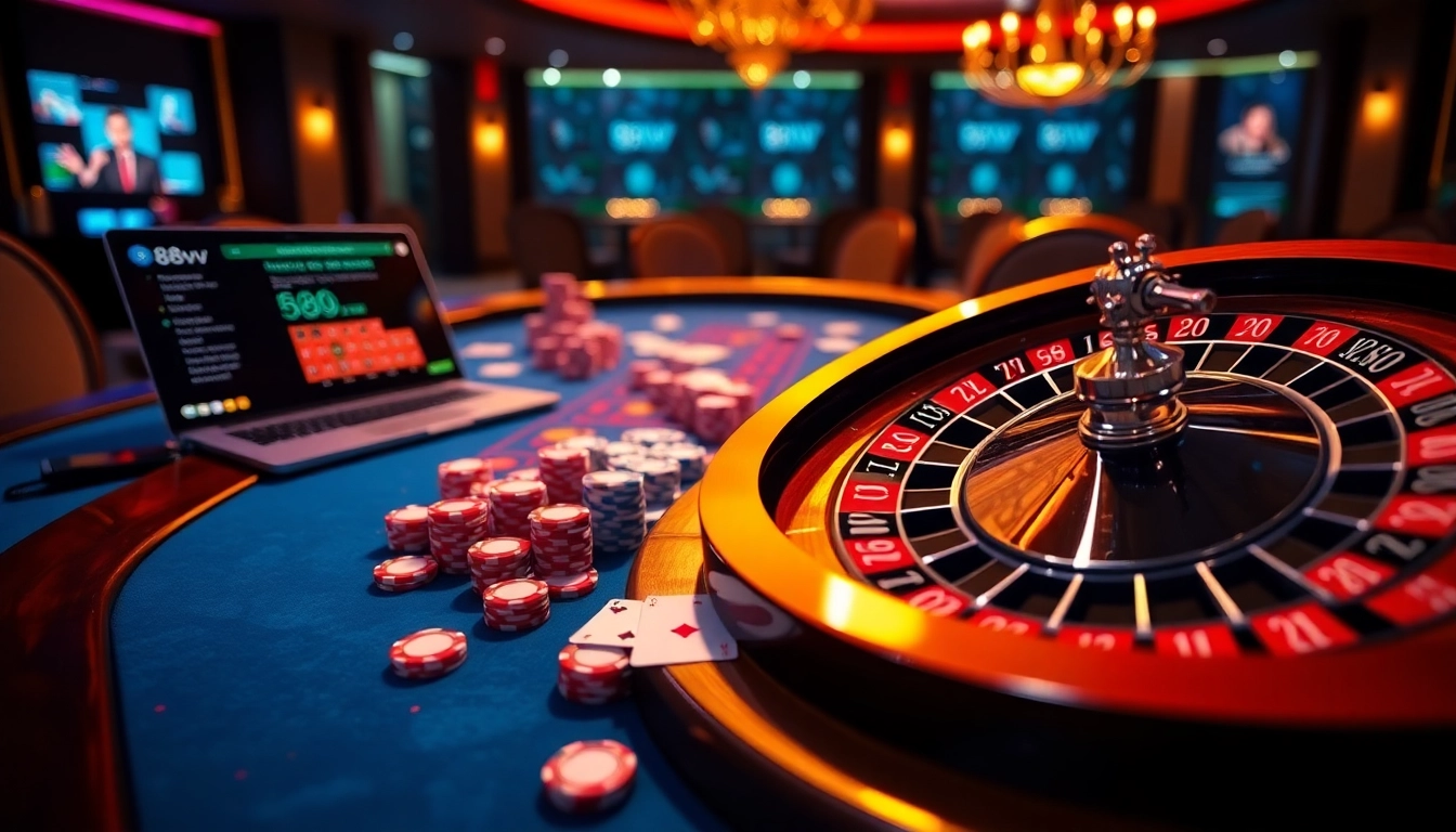 Experience winning excitement with 88vv's vibrant casino scene, featuring poker chips and roulette.