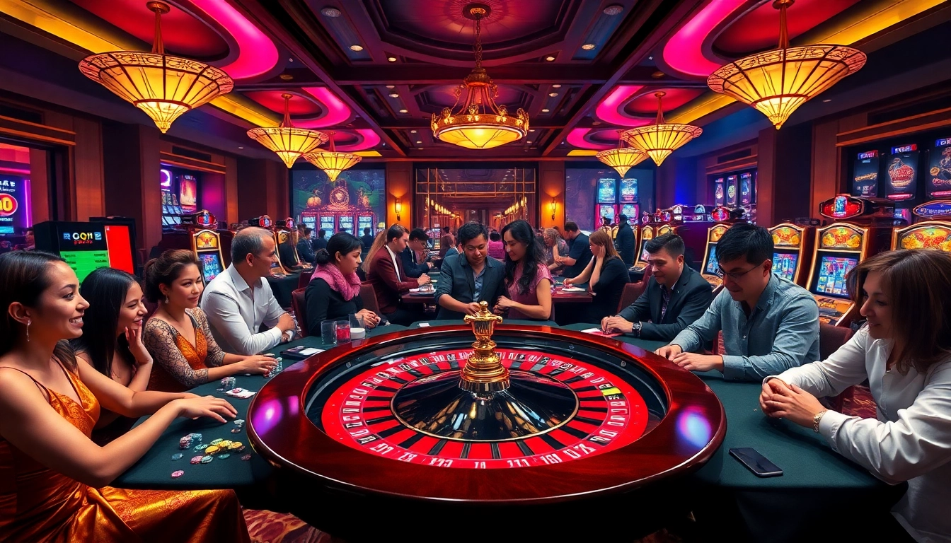 Players enjoying an exciting game at a GO8 casino featuring roulette and slot machines.