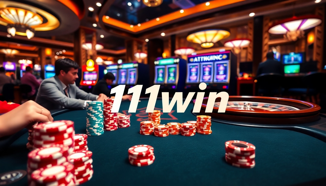 Players enjoying poker and slots at a luxury casino, highlighting 11win excitement.