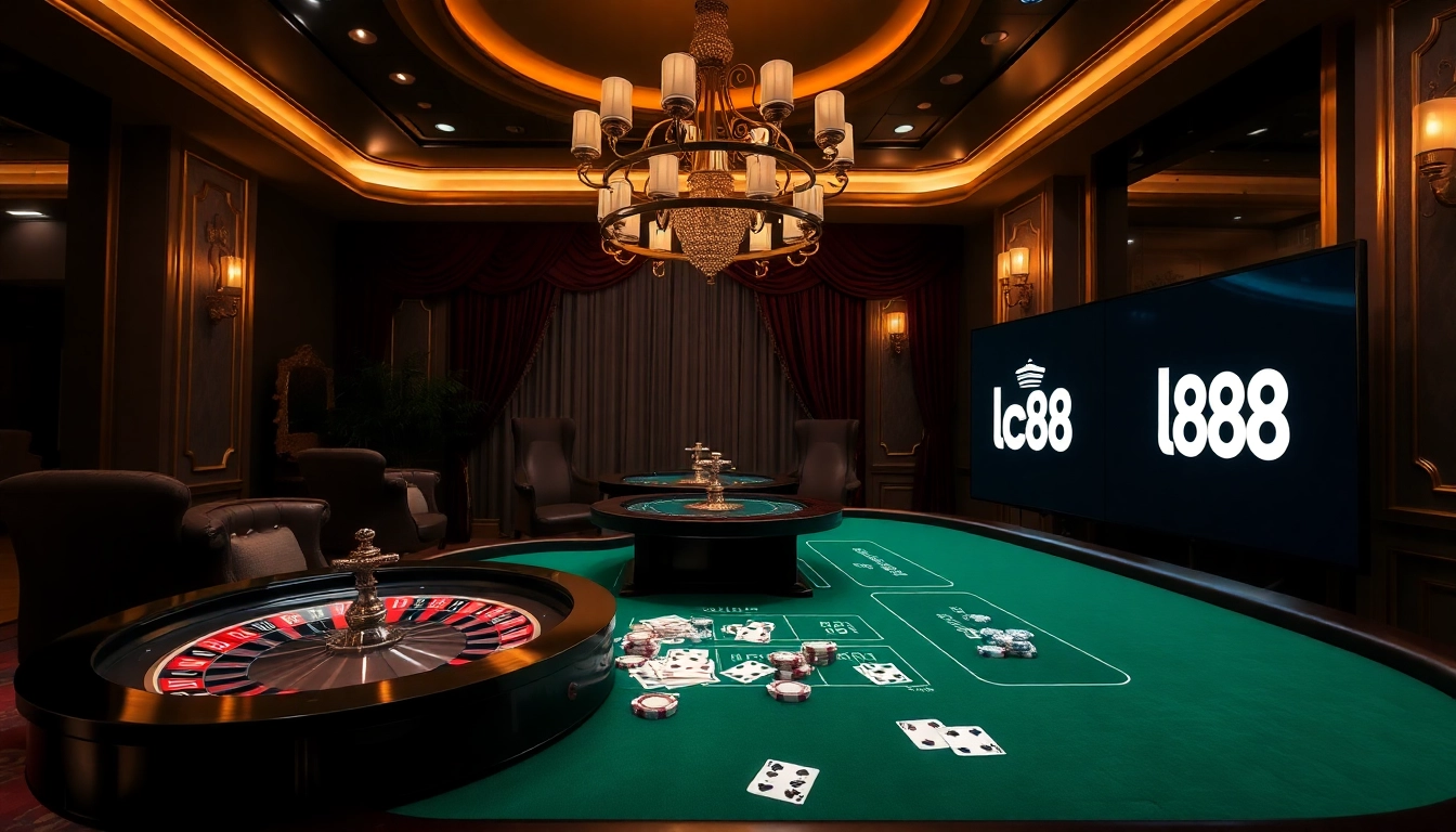 Engaging scene with lc88 logo amidst a luxurious casino table game setup featuring roulette and poker chips.