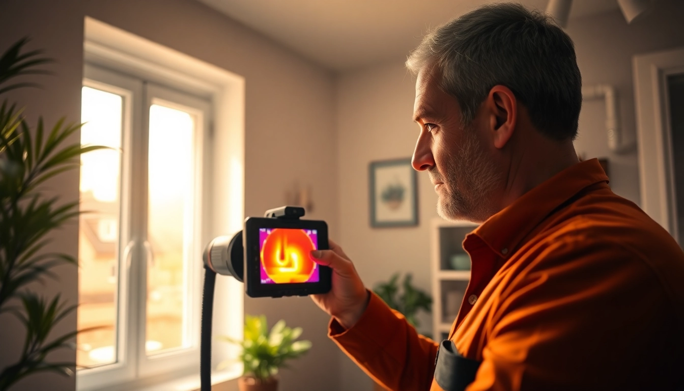 Central heating leak detection technician using thermal imaging in a home setting.