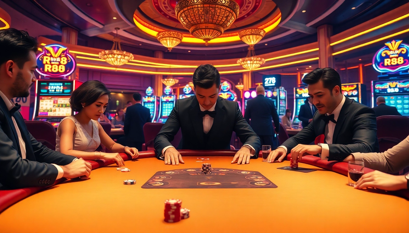 Thrilling scene at RR88 casino showcasing poker action and vibrant slot machines.