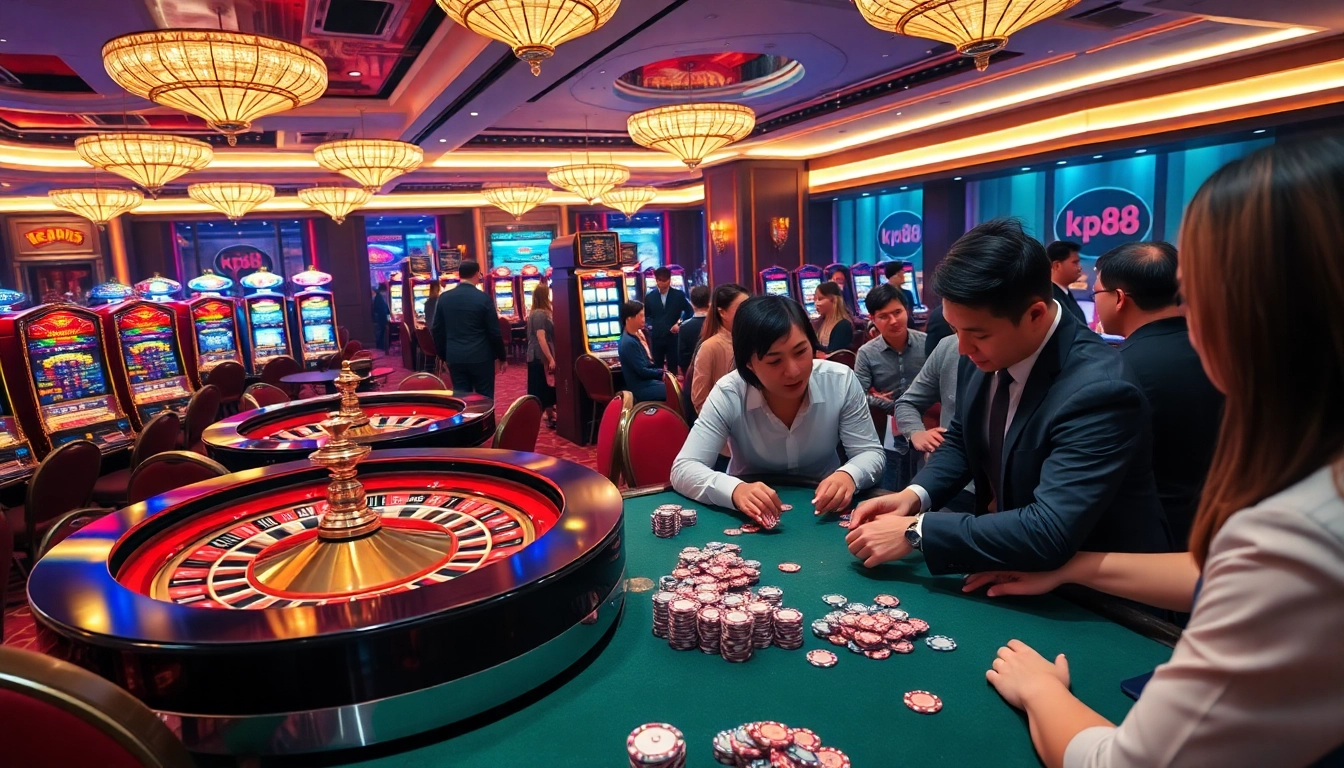 KP88 casino players enjoying exciting games at vibrant roulette tables and slot machines.