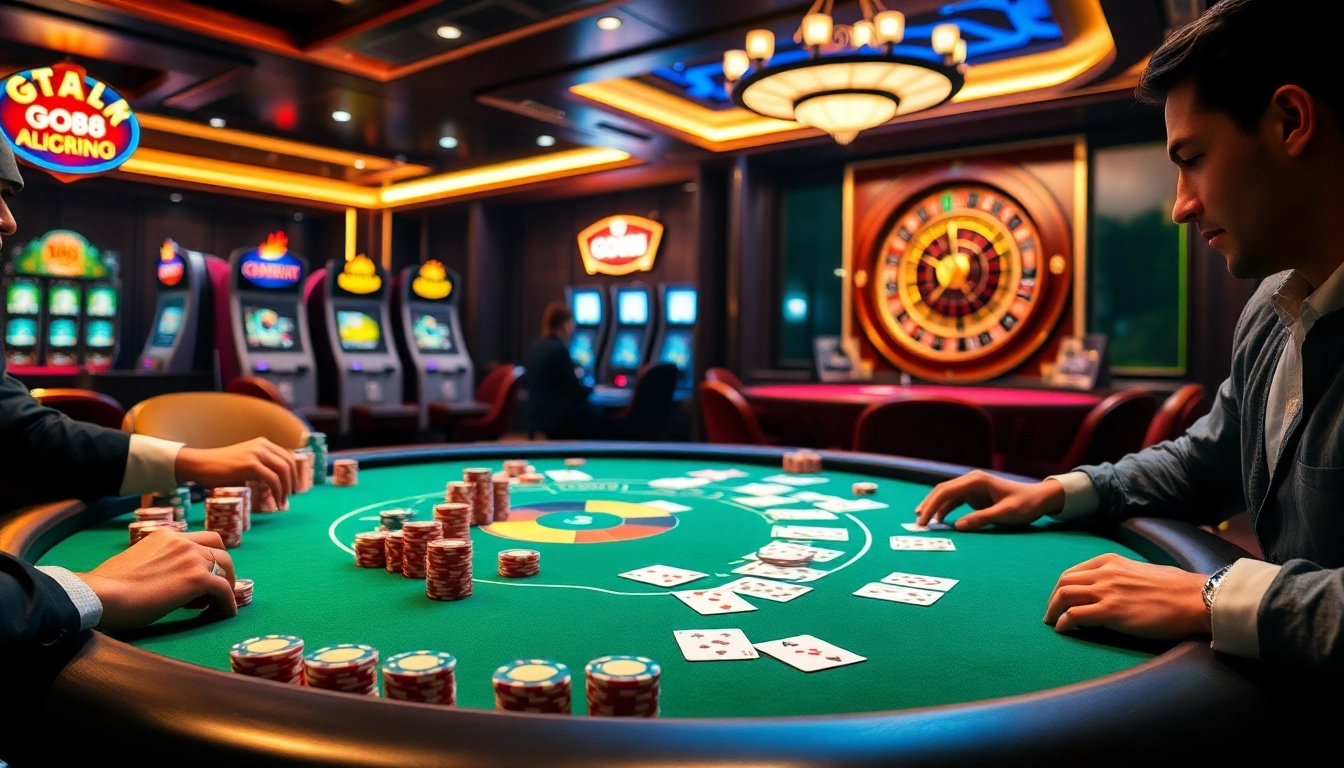 Experience the thrill of GO88 at an exciting poker table surrounded by vibrant gambling elements.