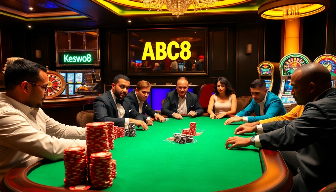 Engaging poker gameplay at a luxurious casino featuring ABC8 decor, vibrant chips, and a roulette wheel.