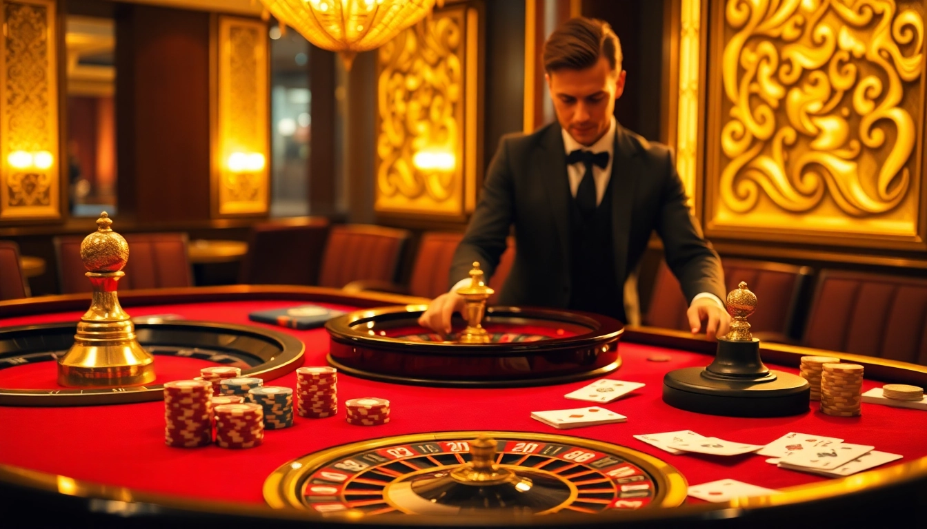 Players engaged in an exciting game of poker at a good88 branded casino table, showcasing vibrant chips and cards.