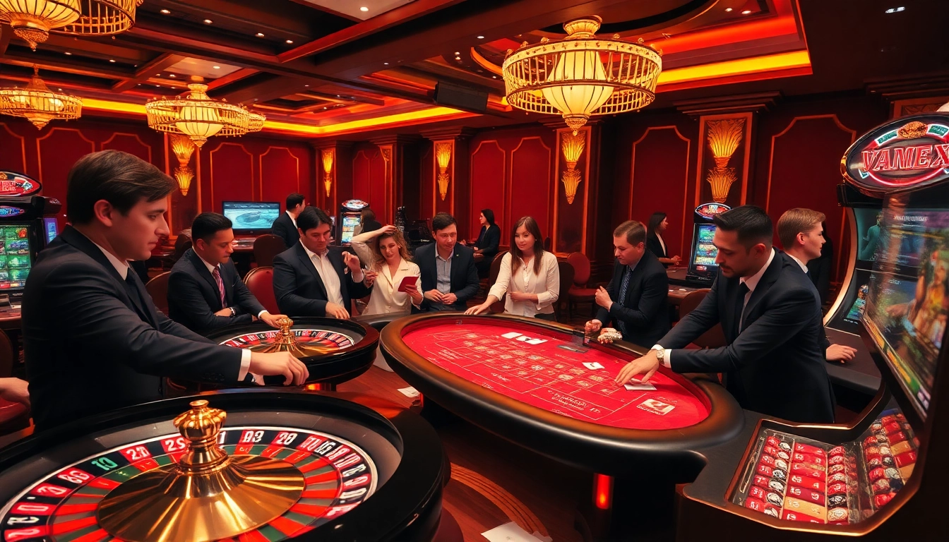VMAX casino players exploring vibrant gaming options with roulette and slots.